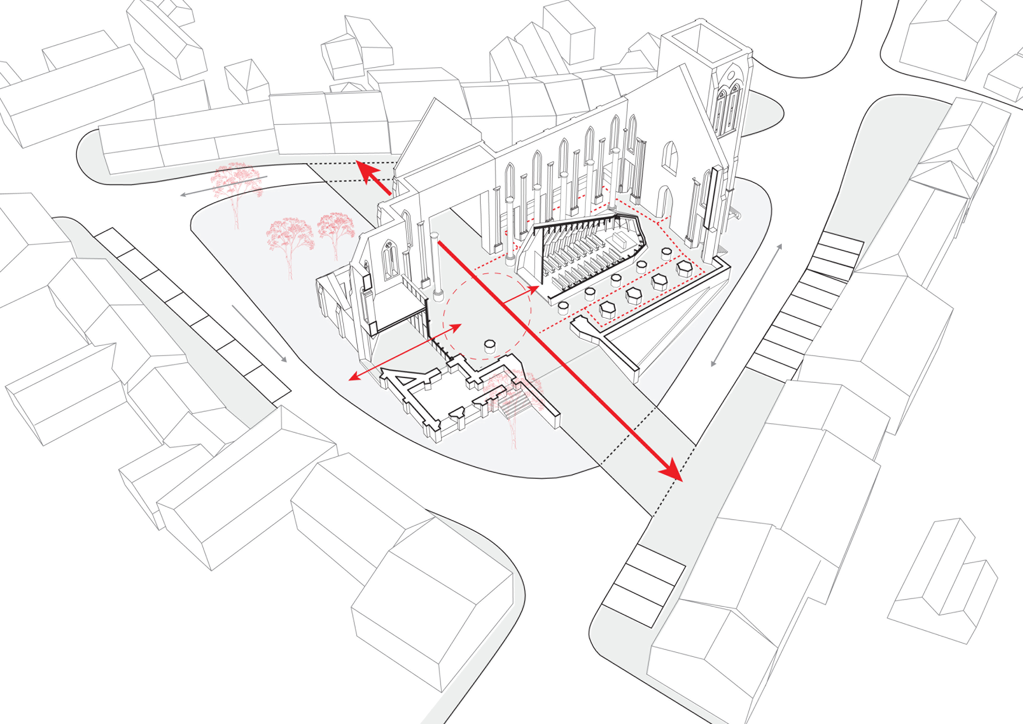 camille-bresteau-architecture-axonometrie-projet-eglise-patrimoine-reconversion-circulation-renovation-espace-public-place-cordemais